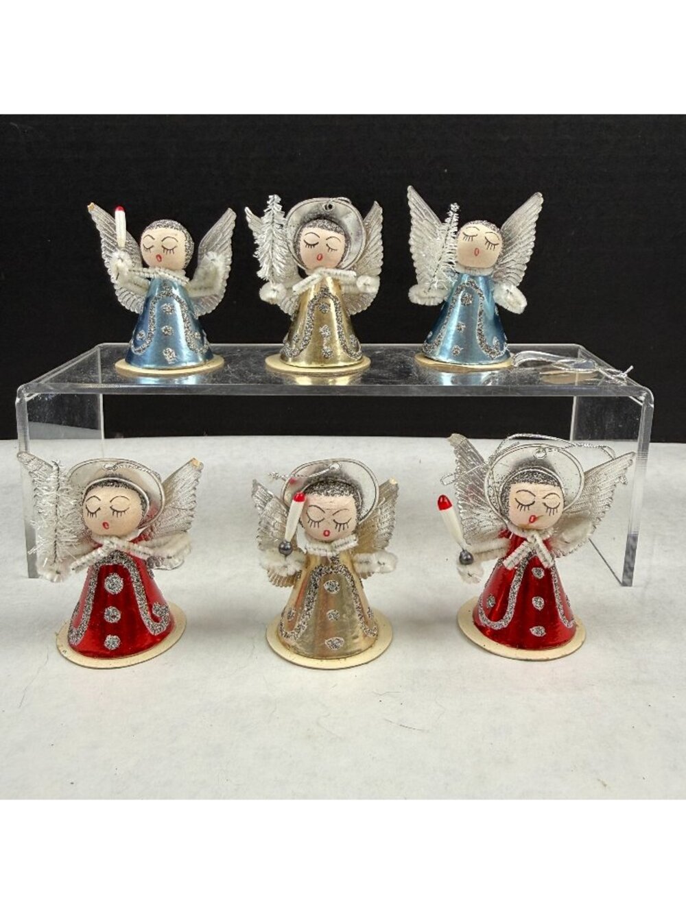 Vintage Cardboard Putz Pipe Cleaner Christmas Angel Ornaments Lot Of 6
